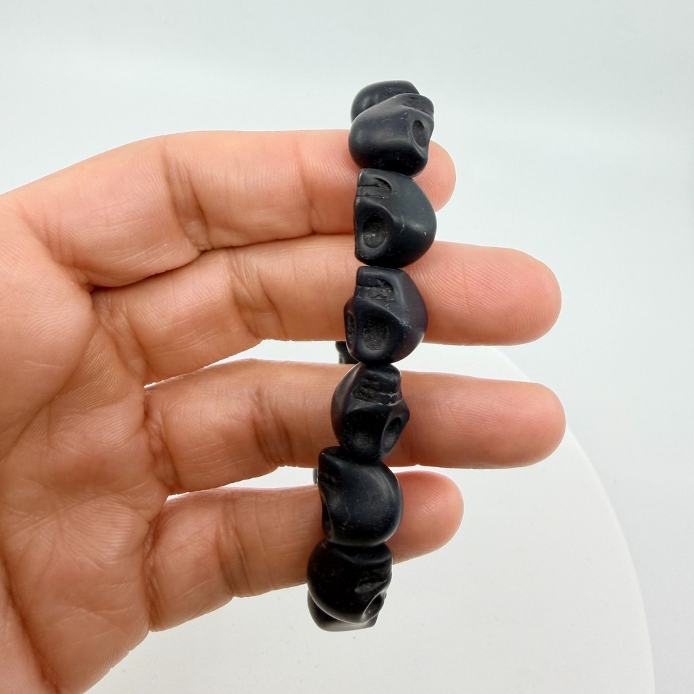 Matte‎ Black Skull Bead Stretchy Bracelet Gothic Grunge Statement Accessory Y2K